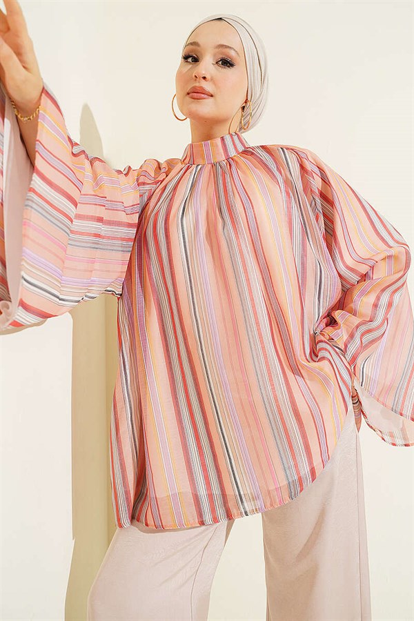 Striped High-Neck Tunic in Powder Pink