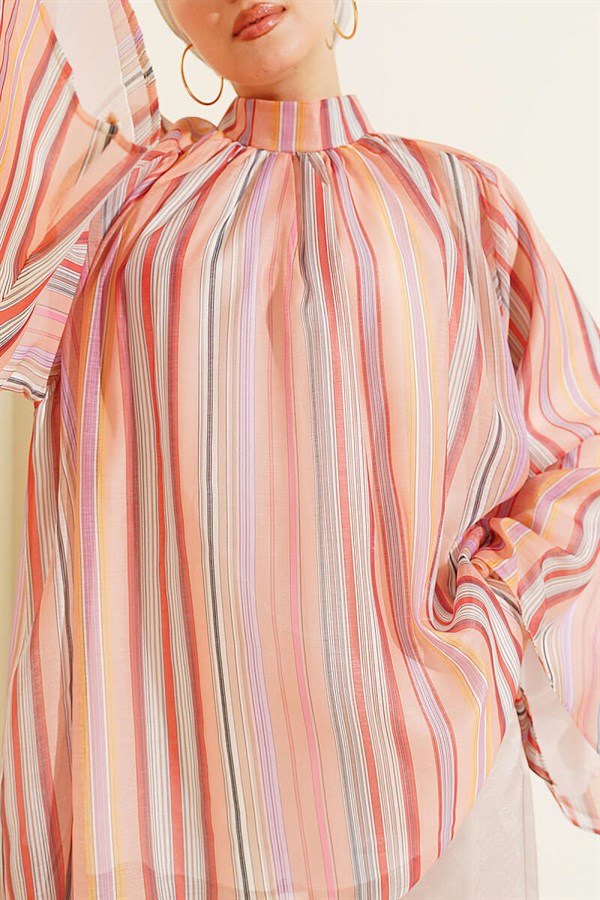 Striped High-Neck Tunic in Powder Pink
