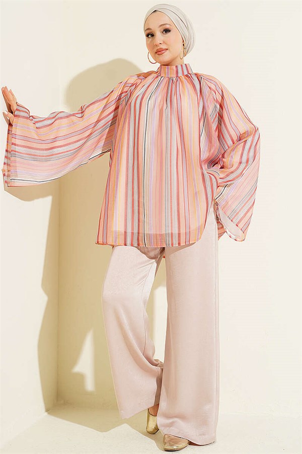 Striped High-Neck Tunic in Powder Pink