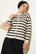 Striped Button Detailed Short Knit Cardigan Beige