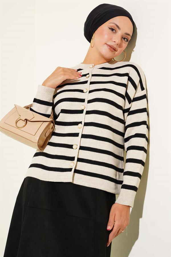 Striped Button Detailed Short Knit Cardigan Beige