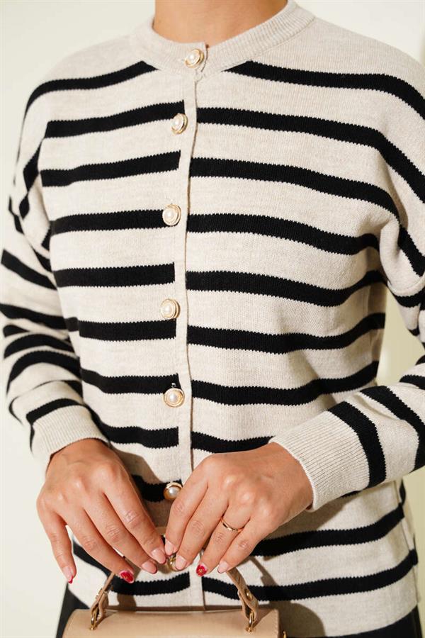 Striped Button Detailed Short Knit Cardigan Beige