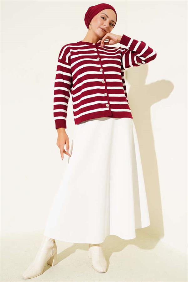 Striped Button Detailed Short Knit Cardigan Burgundy