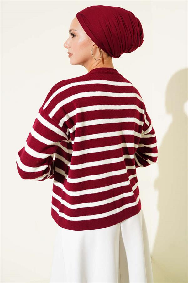 Striped Button Detailed Short Knit Cardigan Burgundy