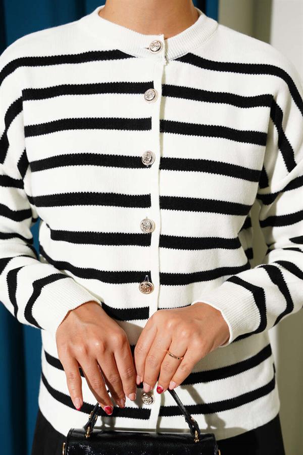 Striped Button Detailed Short Knit Cardigan Ecru