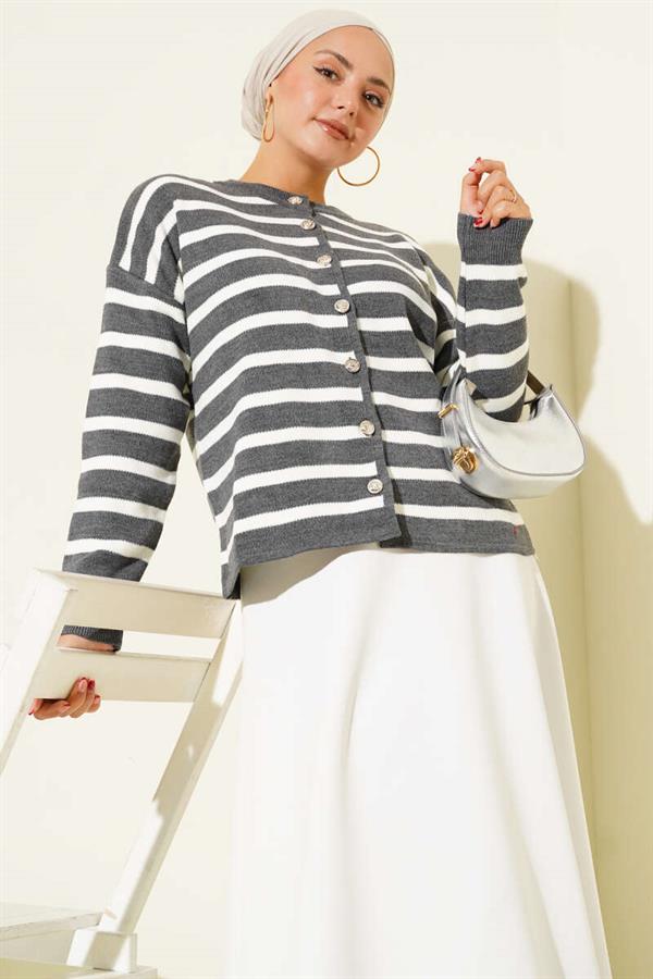 Striped Button Detailed Short Knit Cardigan Smoke