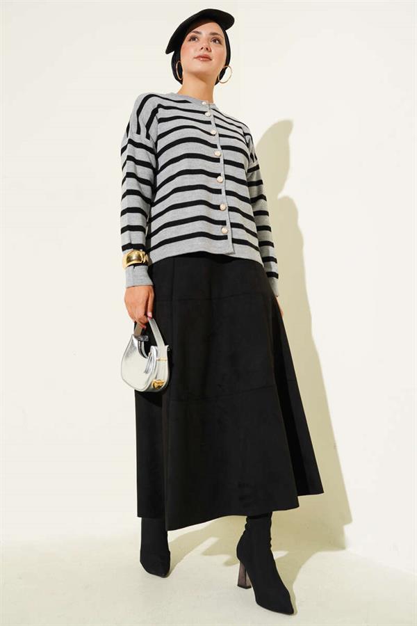Striped Button Detailed Short Knit Cardigan Gray