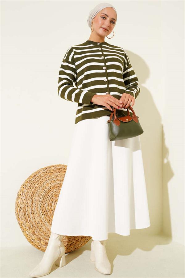 Striped Button Detailed Short Knit Cardigan Khaki