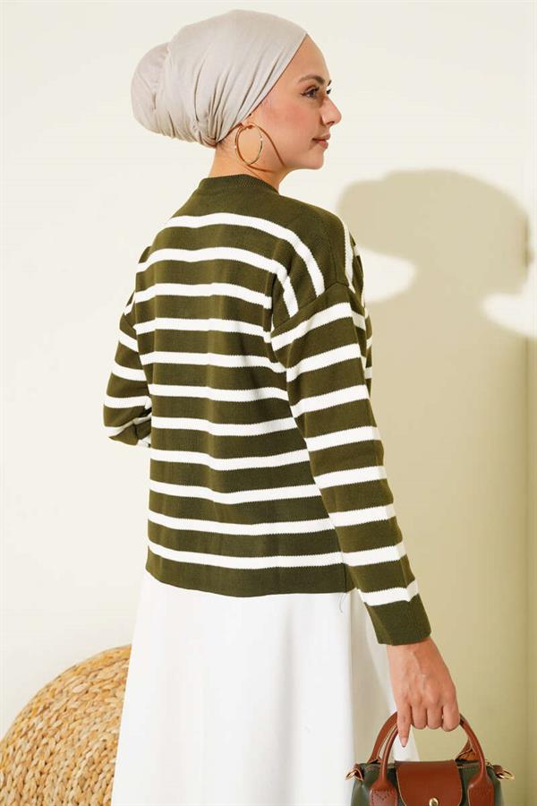 Striped Button Detailed Short Knit Cardigan Khaki