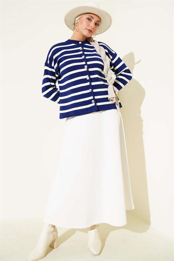 Striped Button Detailed Short Knit Cardigan Navy Blue