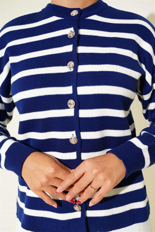 Striped Button Detailed Short Knit Cardigan Navy Blue