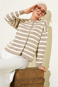 Striped Button Detailed Short Knit Cardigan Latte