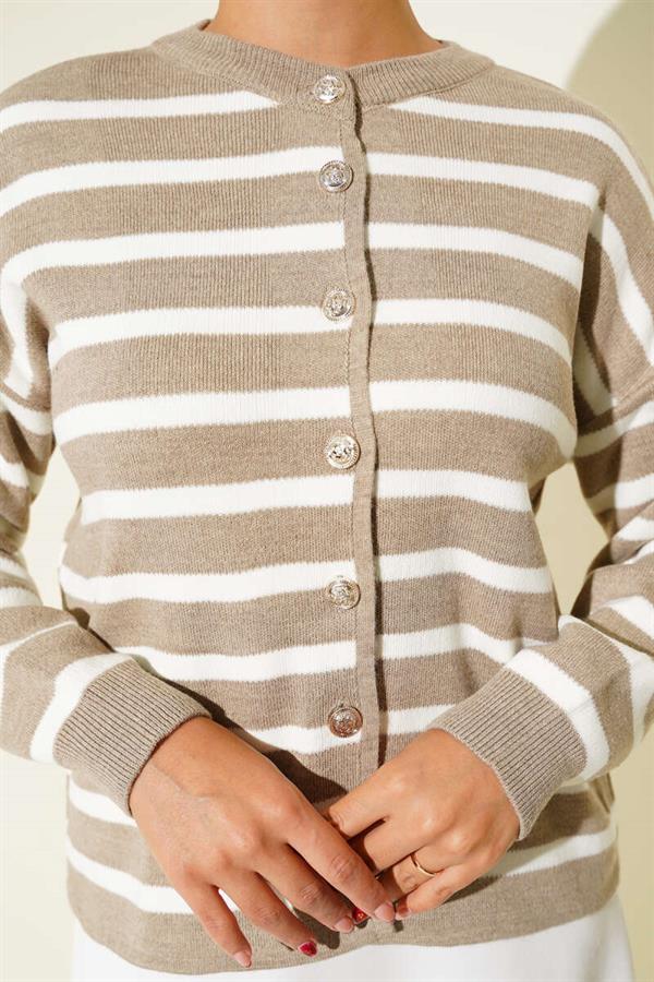 Striped Button Detailed Short Knit Cardigan Latte
