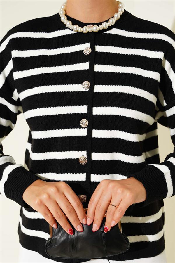 Striped Button Detailed Short Knit Cardigan Black