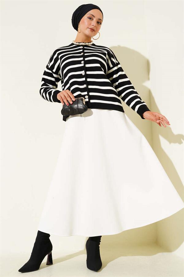 Striped Button Detailed Short Knit Cardigan Black