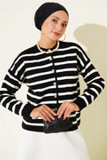 Striped Button Detailed Short Knit Cardigan Black