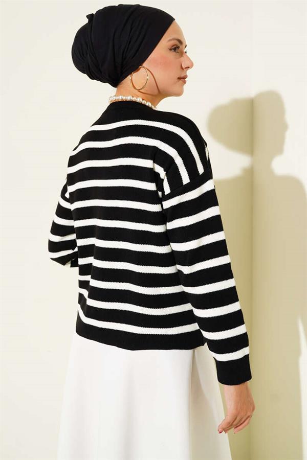 Striped Button Detailed Short Knit Cardigan Black