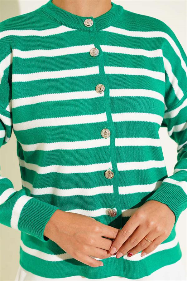 Striped Button Detailed Short Knit Cardigan Green