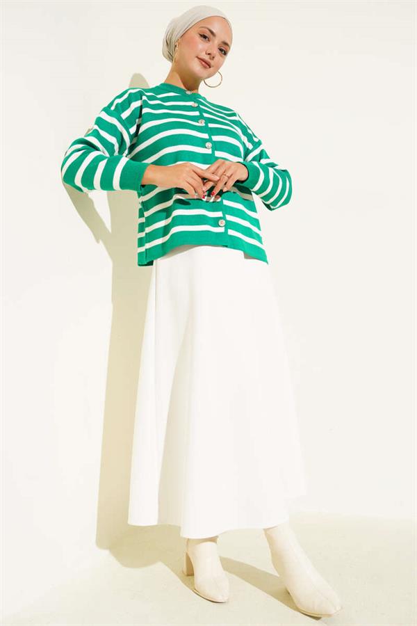 Striped Button Detailed Short Knit Cardigan Green
