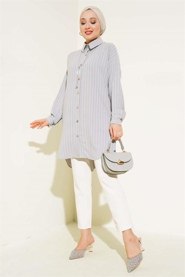Striped Off Shoulder Shirt Gray