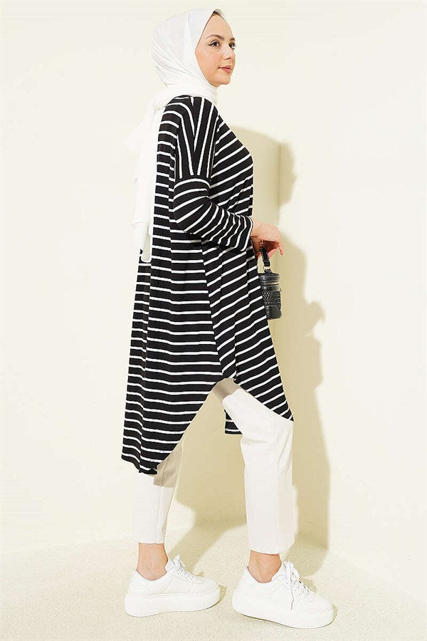 Striped Off-Shoulder Black Tunic