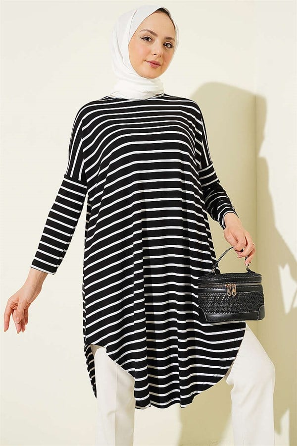 Striped Off-Shoulder Black Tunic