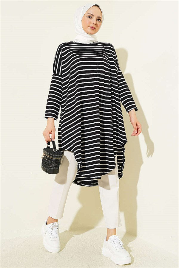 Striped Off-Shoulder Black Tunic
