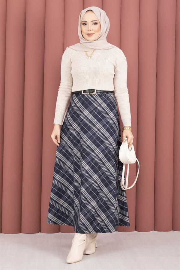 Striped Plaid Scuba Skirt Navy Blue