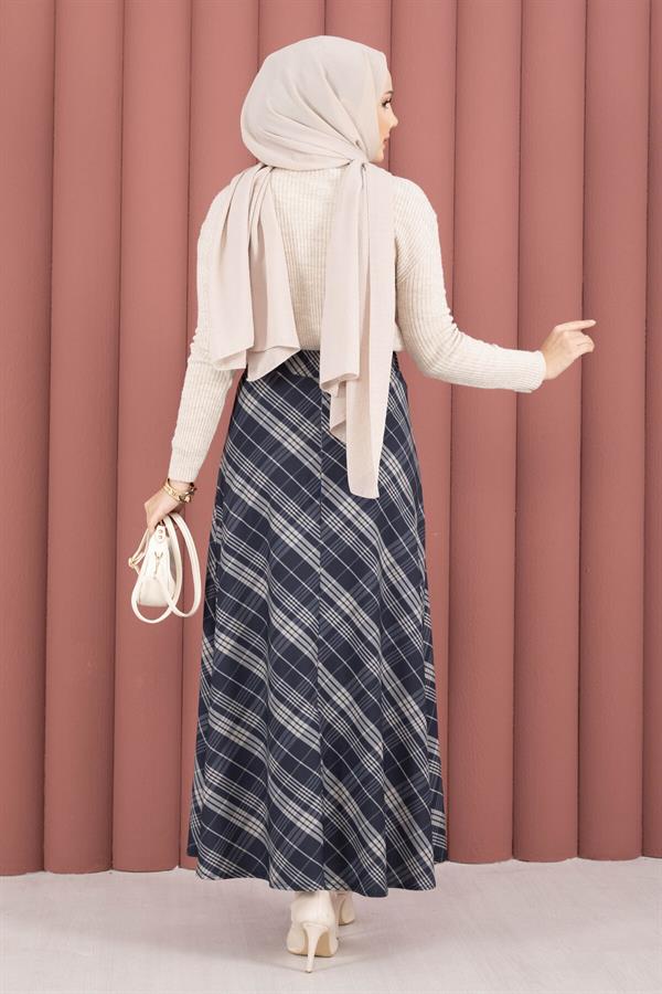 Striped Plaid Scuba Skirt Navy Blue