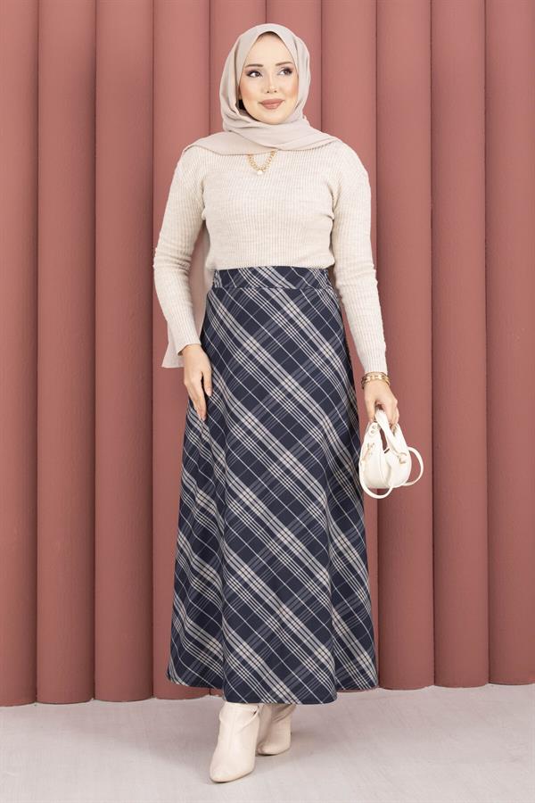 Striped Plaid Scuba Skirt Navy Blue
