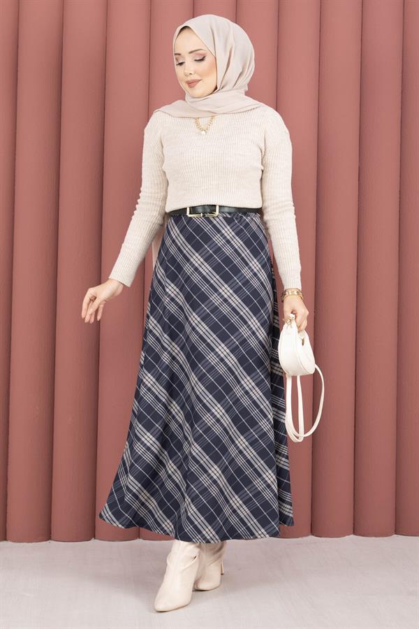 Striped Plaid Scuba Skirt Navy Blue