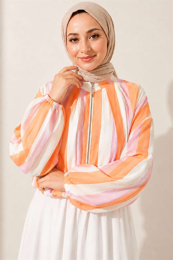 Striped Zip-Up Bomber Jacket, Orange