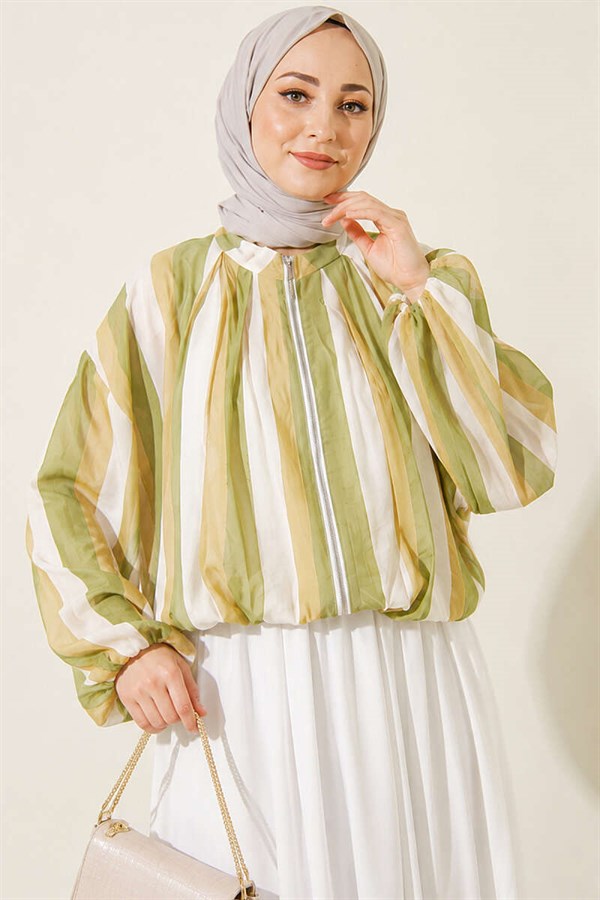 Striped Zip-Up Bomber Jacket, Green