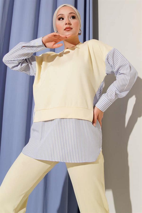 Striped Garnished Tunic 2 Piece Set Yellow