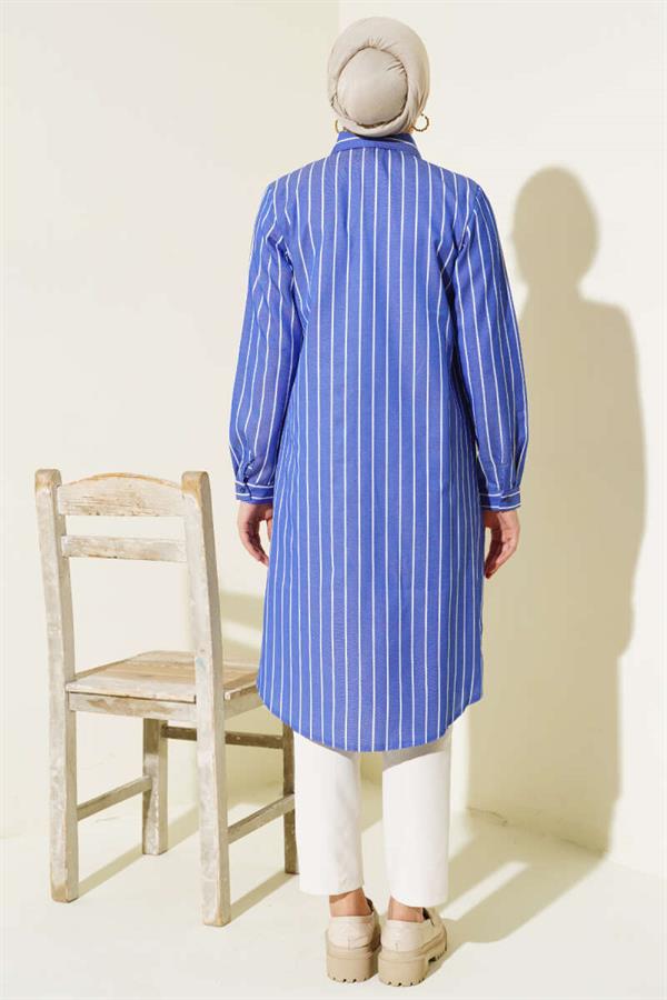 Striped Hidden Button Shirt Navy Blue