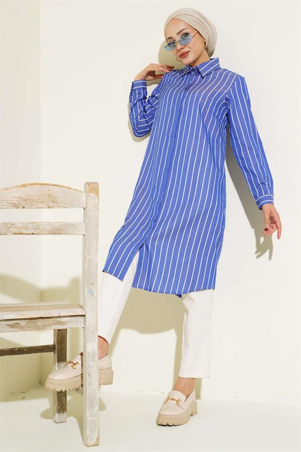 Striped Hidden Button Shirt Navy Blue