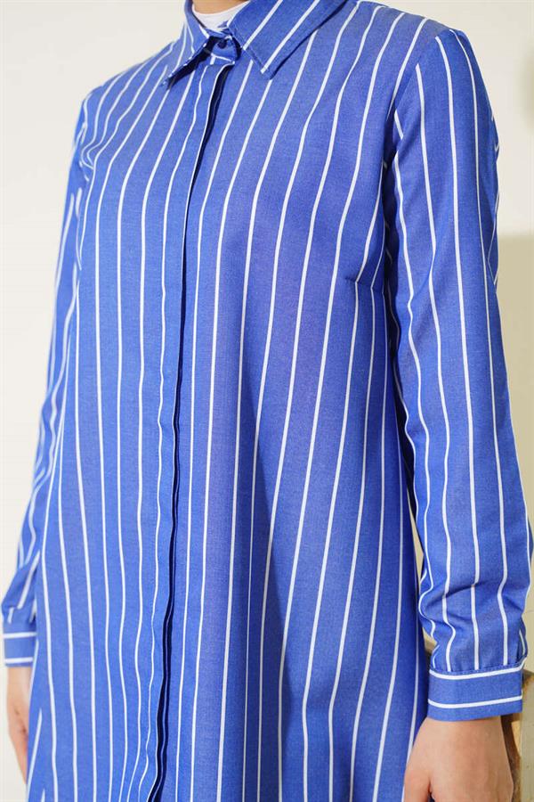 Striped Hidden Button Shirt Navy Blue
