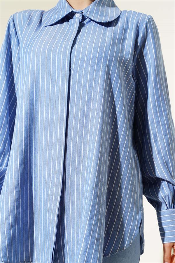 Striped Hidden Button Tunic 2 Piece Set Blue