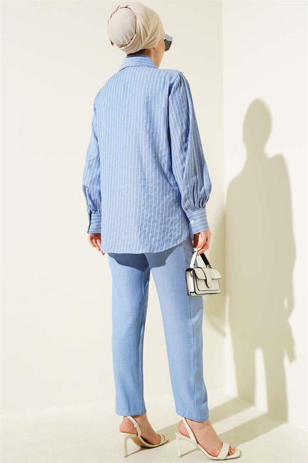 Striped Hidden Button Tunic 2 Piece Set Blue