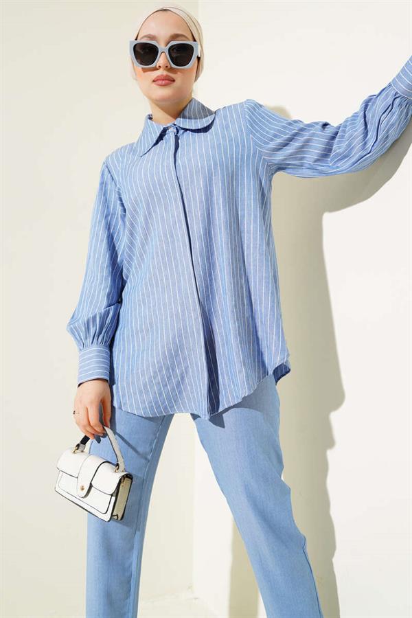 Striped Hidden Button Tunic 2 Piece Set Blue