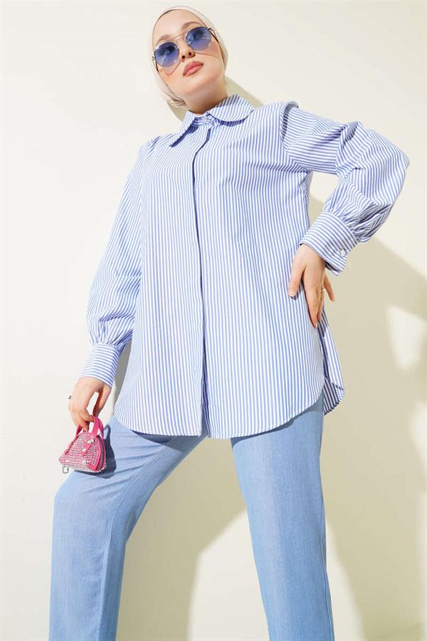 Striped Hidden Button Tunic 2 Piece Set Ice Blue