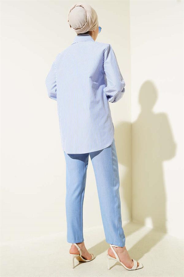 Striped Hidden Button Tunic 2 Piece Set Ice Blue