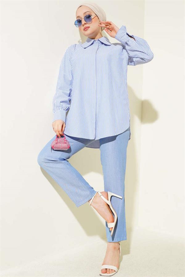 Striped Hidden Button Tunic 2 Piece Set Ice Blue