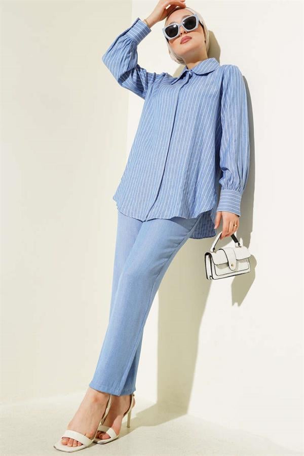 Striped Hidden Button Tunic 2 Piece Set Blue