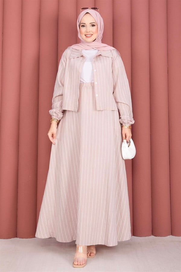 Striped Shirt and Skirt 2 Piece Set, Beige