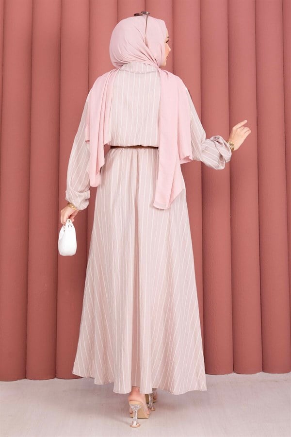 Striped Shirt and Skirt 2 Piece Set, Beige