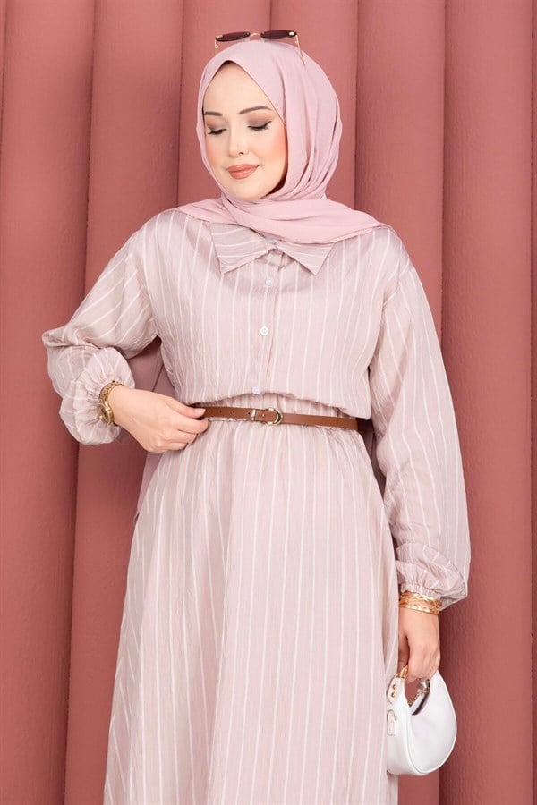 Striped Shirt and Skirt 2 Piece Set, Beige