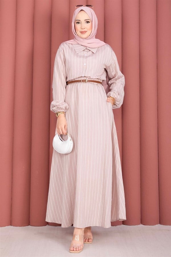 Striped Shirt and Skirt 2 Piece Set, Beige