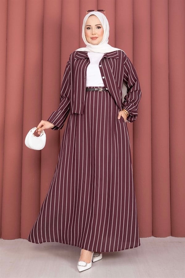 Striped Shirt and Skirt 2 Piece Set, Burgundy