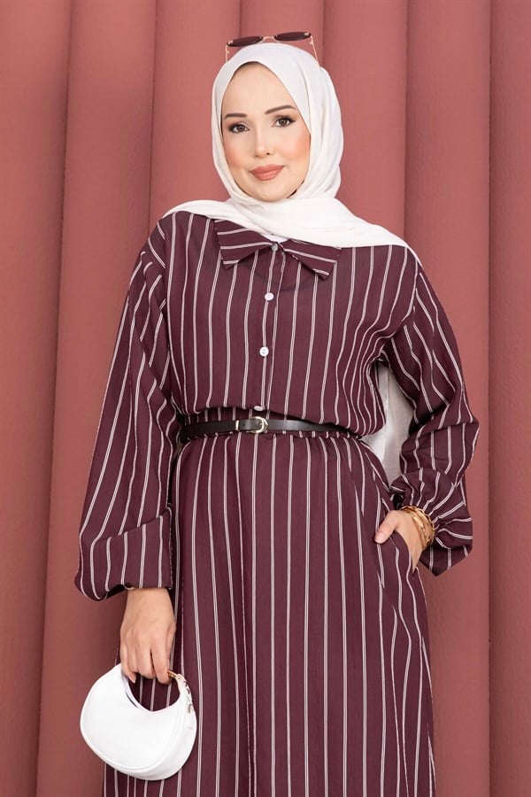Striped Shirt and Skirt 2 Piece Set, Burgundy